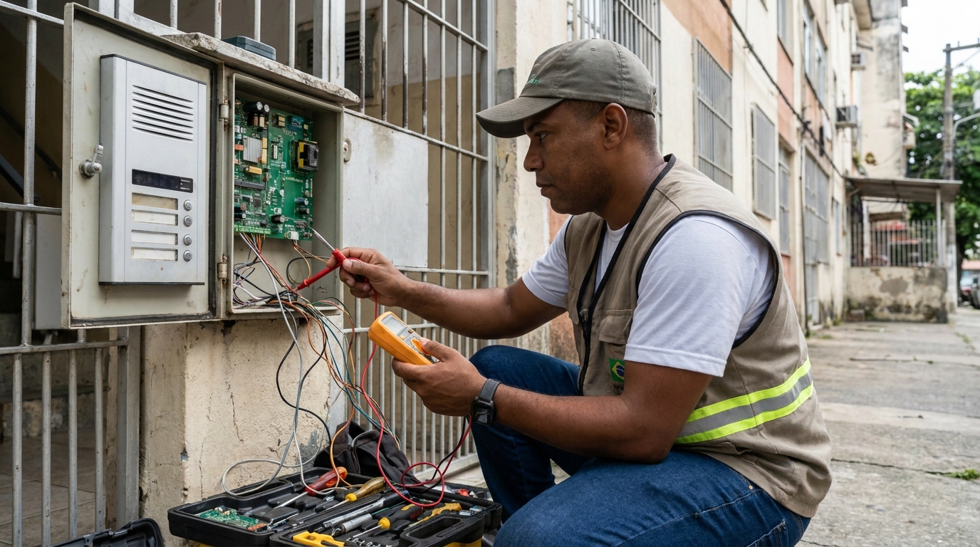 Eletricista consertando interfone em Vitória‑ES
