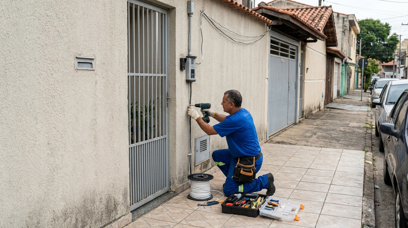 Eletricista instalando interfone em Vitória‑ES